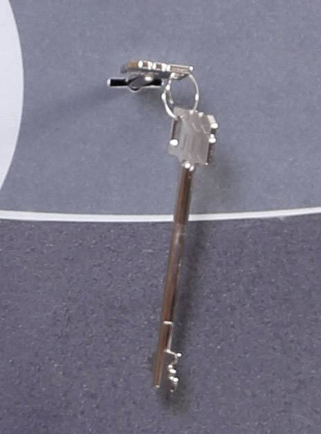 Ein silberner Schlüssel hängt an einem Wandhaken vor einem grauen Hintergrund.