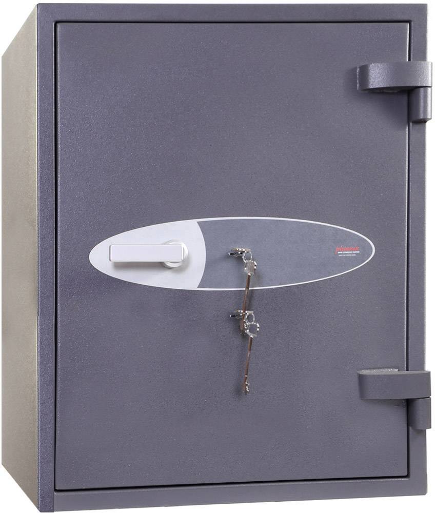 Grauem Tresor mit einem Schlüsselschloss angezeigt. Die Tür hat einen Griff und ist verschlossen.