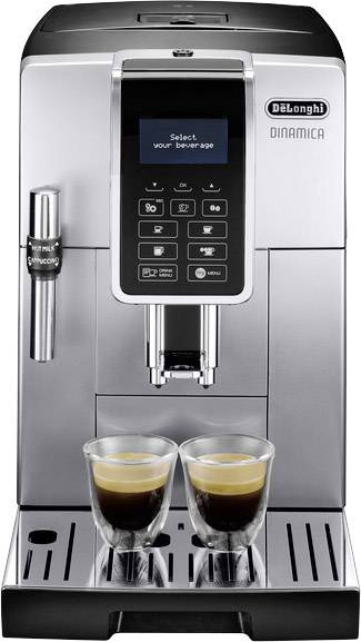 Silberne Kaffeemaschine mit digitalem Display, zwei Ausläufen und zwei Gläsern Espresso darunter. Anzeige: 'Select your beverage'.