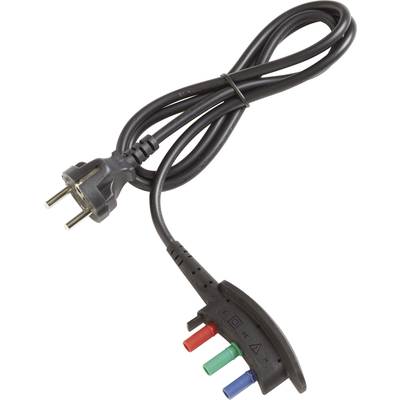 Schwarzes Netzkabel mit dreipoligem Stecker; Endstück hat drei farbige Anschlüsse: rot, blau, grün.