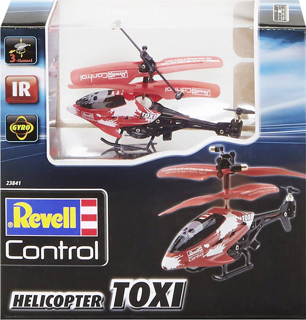 Spielzeugfernsteuerungshubschrauber in der Verpackung. Marke 'Revell Control', Modell 'TOXI'. Rotes und schwarzes Design.
