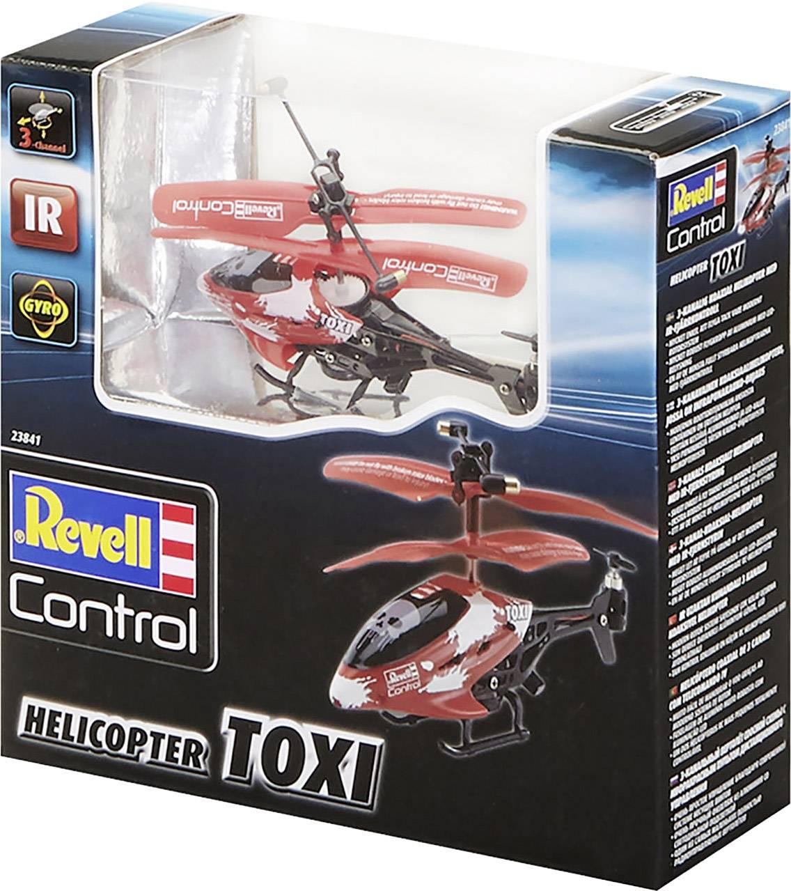 Spielzeughubschrauber 'Toxi' mit Fernbedienung in Verpackung. Enthält Logos von Revell, Infrarotsteuerung, und Gyro.
