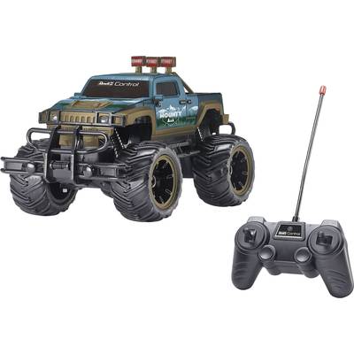 Ferngesteuertes Spielzeug-Monstertruck 'Mounty' mit großer Bereifung, hoher Bodenfreiheit und separater Fernbedienung.