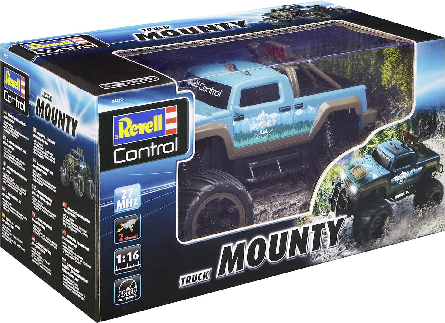 Spielzeugauto 'Revell Control Truck Mounty' in Verpackung. Blaues Modell im Maßstab 1:16, Funksteuerung 27 MHz.