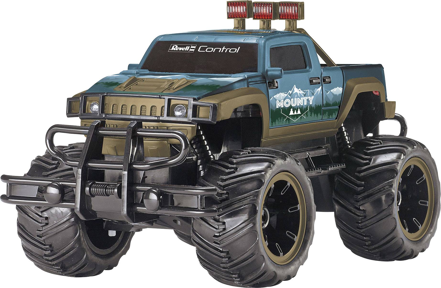 Spielzeug-Monstertruck in Grün und Braun mit großen Reifen. Markenname 'Mounty' auf der Seite.