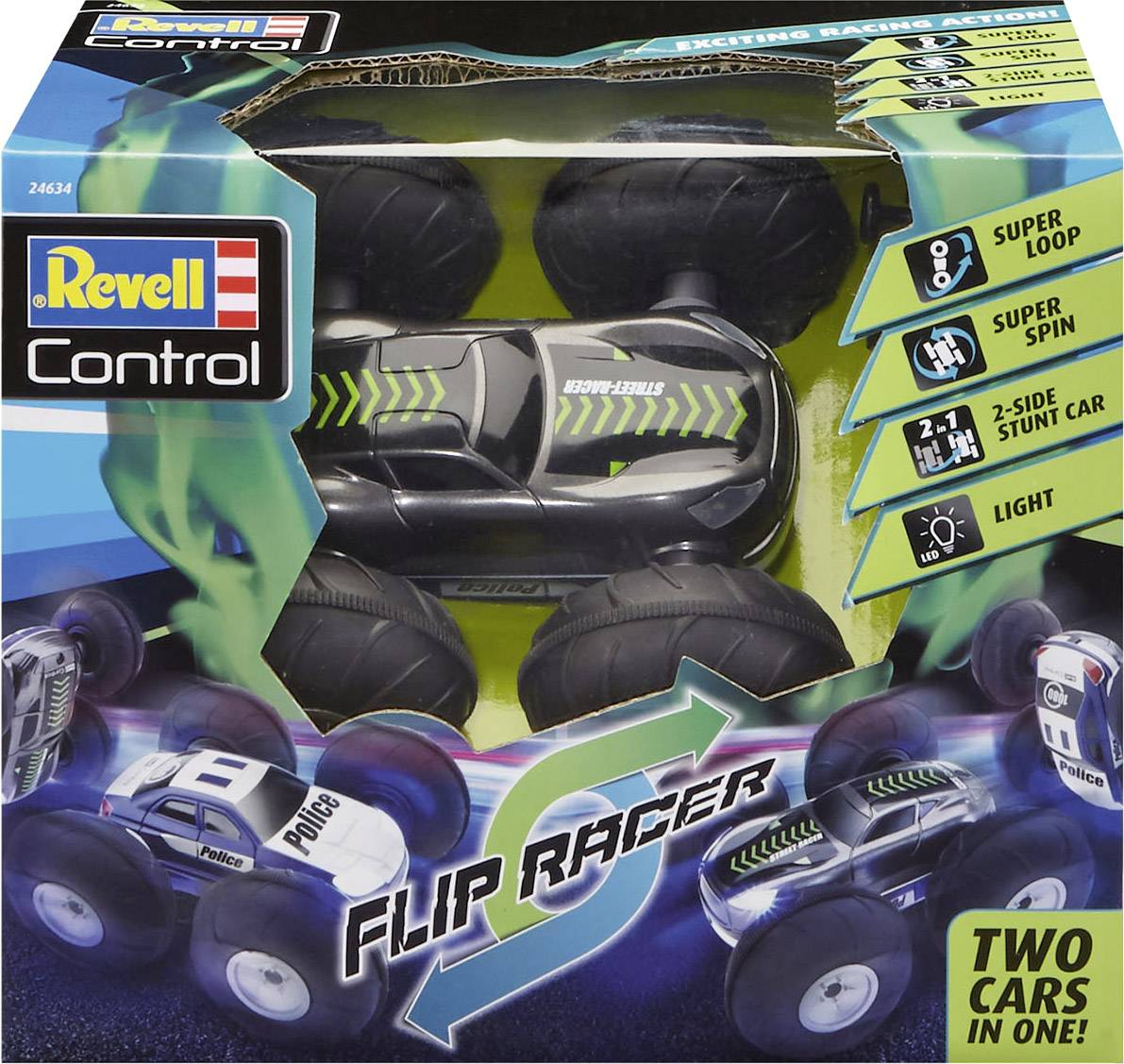 Spielzeugauto-Verpackung mit schwarzem Auto, das auf beiden Seiten fahren kann. Funktionen: Super Loop, Licht, 2-in-1 Stunt-Auto.