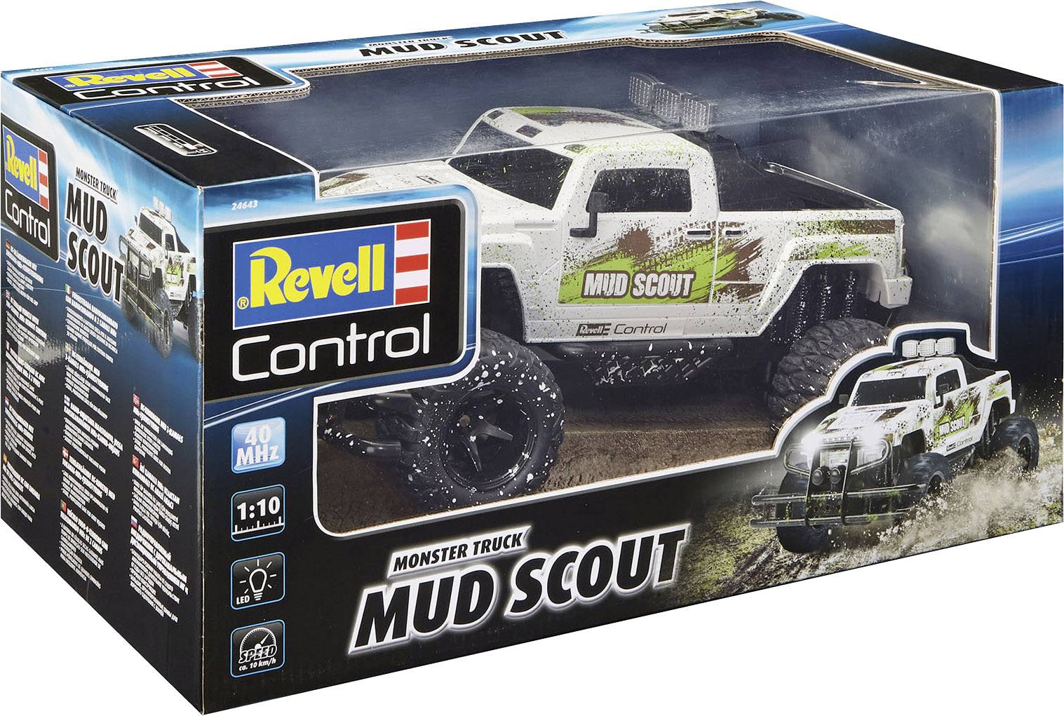 Spielzeug-Monstertruck-Verpackung für 'Revell Control Mud Scout', zeigt weißen Truck mit grünen Akzenten, Maßstab 1:10.