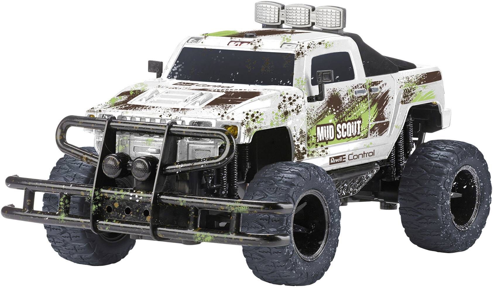 Spielzeug-Geländewagen im Maßstab mit grün-braunem Schlamm-Dekor, robusten Reifen und Stoßstange, geeignet für Offroad-Abenteuer.