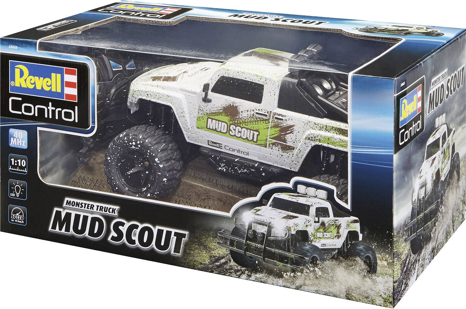 Spielzeug-Monstertruck in Verpackung mit der Aufschrift 'Mud Scout'. Das Fahrzeug hat eine weiße Lackierung mit Schlammspuren.