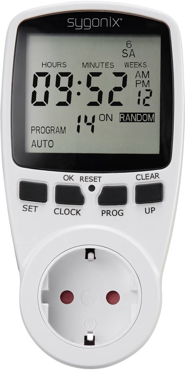 Sygonix 1625525 Steckdosen-Zeitschaltuhr digital Wochenprogramm 3680 W Timer-Funktion, START/STOPP-Funktion, Zufallsfunktion