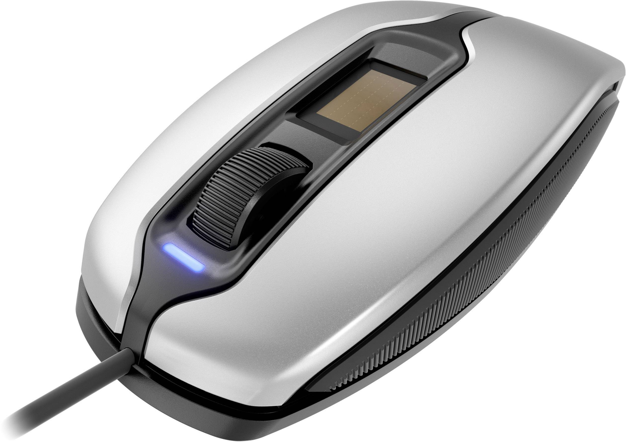 Eine silberne computergesteuerte Maus mit Kabel, Scrollrad und blauem LED-Licht, liegt auf einer weißen Fläche.