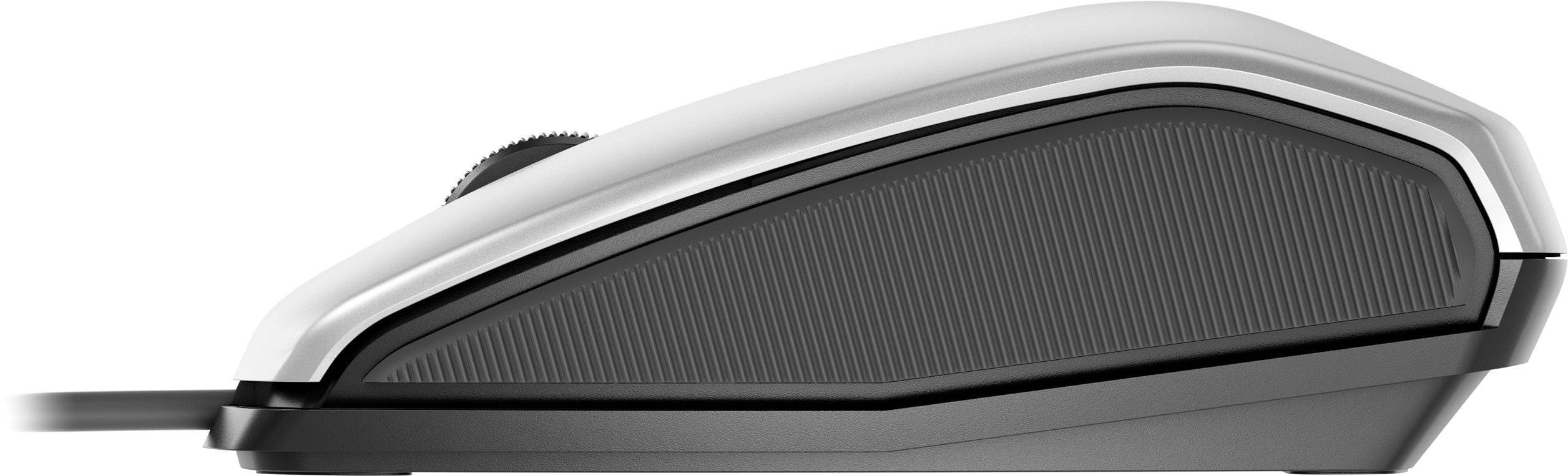 Seitliche Ansicht einer modernen Computermaus mit Kabel. Sie hat ein schlankes, ergonomisches Design und ein scrollbares Rad.