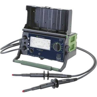 Ein analoges Multimeter mit offenen Messleitungen und beleuchtetem Display zur Messung elektrischer Spannung und Widerstand.