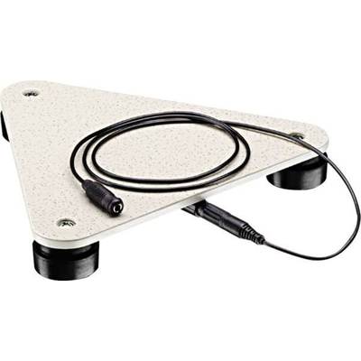 Ein dreieckiges, beige Gerät mit schwarzem Kabel auf Füßen. Es könnte ein Sensor oder eine Plattform zur Messung sein.