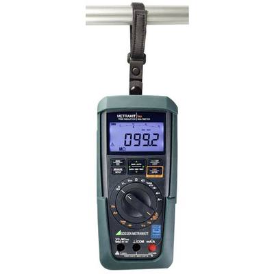 Ein grünes digitales Multimeter mit einem Lederband hängt an einer Stange. Der Bildschirm zeigt '099,2 MΩ' an.