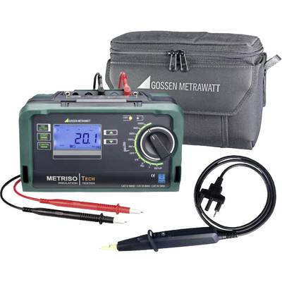Ein digitales Isolationsmessgerät der Marke Gossen Metrawatt, Modell METRISO TECH, mit Zubehör, einschließlich Prüfleitungen und Tragetasche.