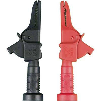 Ein schwarzer und ein roter Krokodilklemme-Stecker mit geriffeltem Griff, zur Verbindung elektrischer Schaltkreise.