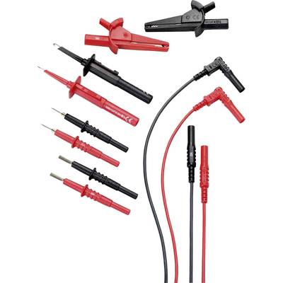 Verschiedene Messkabel und Prüfspitzen in Rot und Schwarz, geeignet für elektrische Testgeräte.