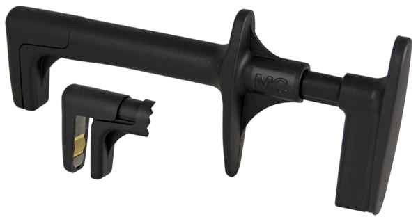 Schwarzes Plastikinstrument mit Z-förmigem Griff und quadratischem Ende, sowie zugehöriger Adapter; möglicherweise ein Werkzeug oder Zubehörteil.