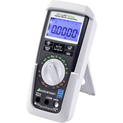 Ein tragbares digitales Multimeter zeigt eine Messung von '0.0000 V' auf einem blauen Display. Markenname oben sichtbar.
