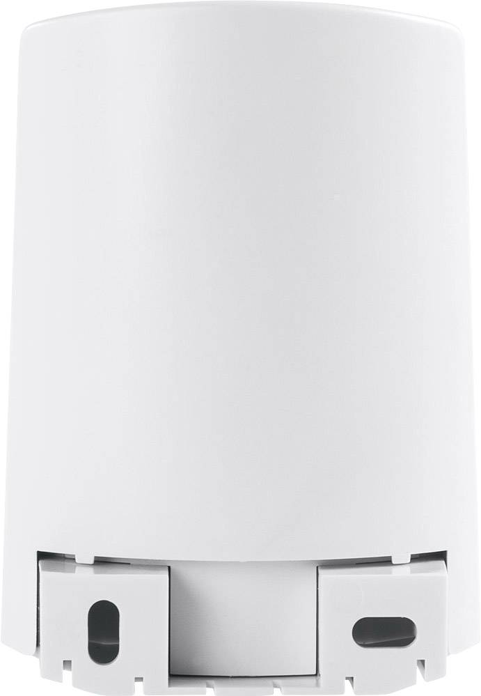 Ein weißer, zylindrischer Gegenstand mit zwei seitlichen Aussparungen, möglicherweise ein elektrisches Bauteil oder Gehäuse.