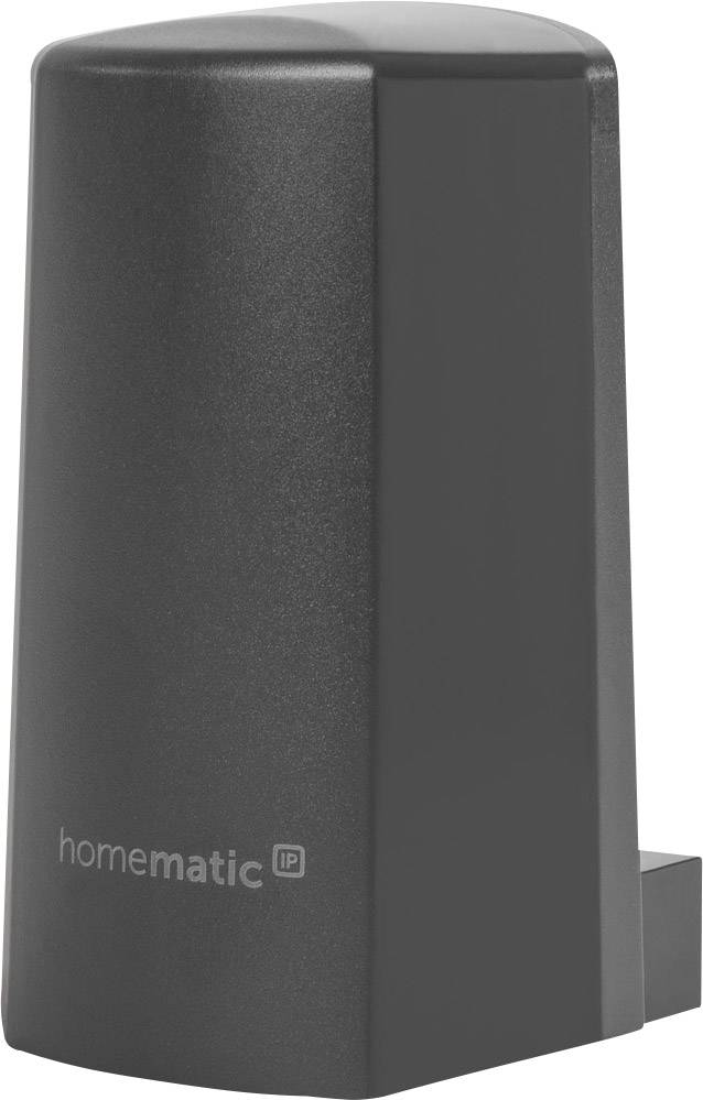 Ein schwarzer, rechteckiger Kunststoffsensor mit der Aufschrift 'homematic ip', vermutlich ein Teil eines Smart-Home-Systems.