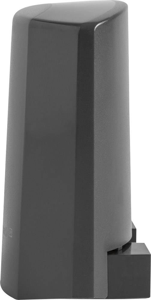 Schwarzer, rechteckiger, aufrechter Gegenstand mit abgerundeter Oberseite, vermutlich ein elektronisches Gerät oder Zubehörteil.