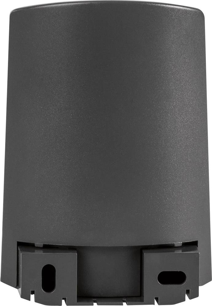 Schwarzes, zylindrisches Kunststoffgehäuse mit Sockelleiste und Öffnungen an der Unterseite, möglicherweise für elektronische Bauteile.