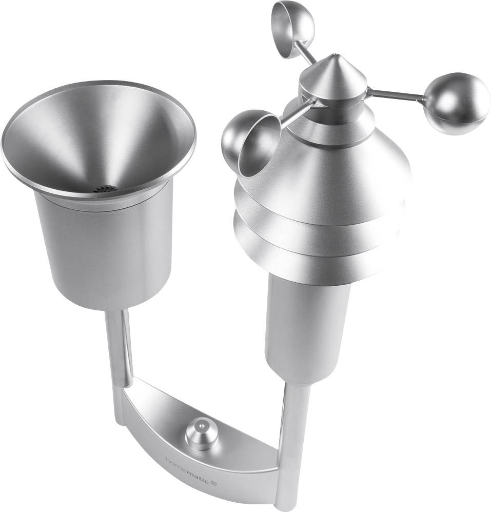 Kompakte Wetterstation aus Metall mit Regenmessgerät und Anemometer zur Windgeschwindigkeitsmessung.