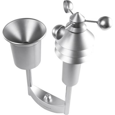Kompakte Wetterstation aus Metall mit Regenmessgerät und Anemometer zur Windgeschwindigkeitsmessung.