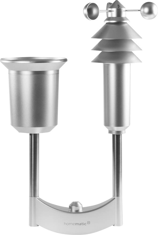 Silberne Wetterstation mit Regenmesser und Anemometer zur Messung von Windgeschwindigkeit und Regenmenge.