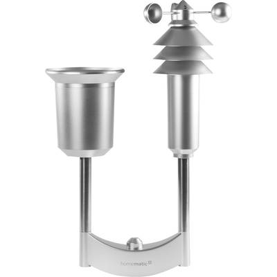Silberne Wetterstation mit Regenmesser und Anemometer zur Messung von Windgeschwindigkeit und Regenmenge.