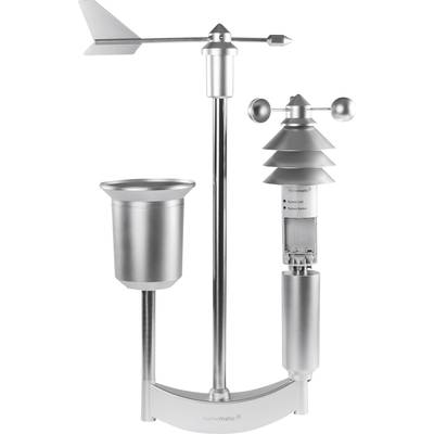 Metallsensor für Wetterdaten mit Windfahne, Regenmesser und Anemometer, montiert auf einer Halterung.