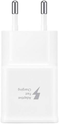 Weißes USB-Wandladegerät mit zwei silbernen Pins und der Aufschrift 'Adaptive Fast Charging' auf der Vorderseite.