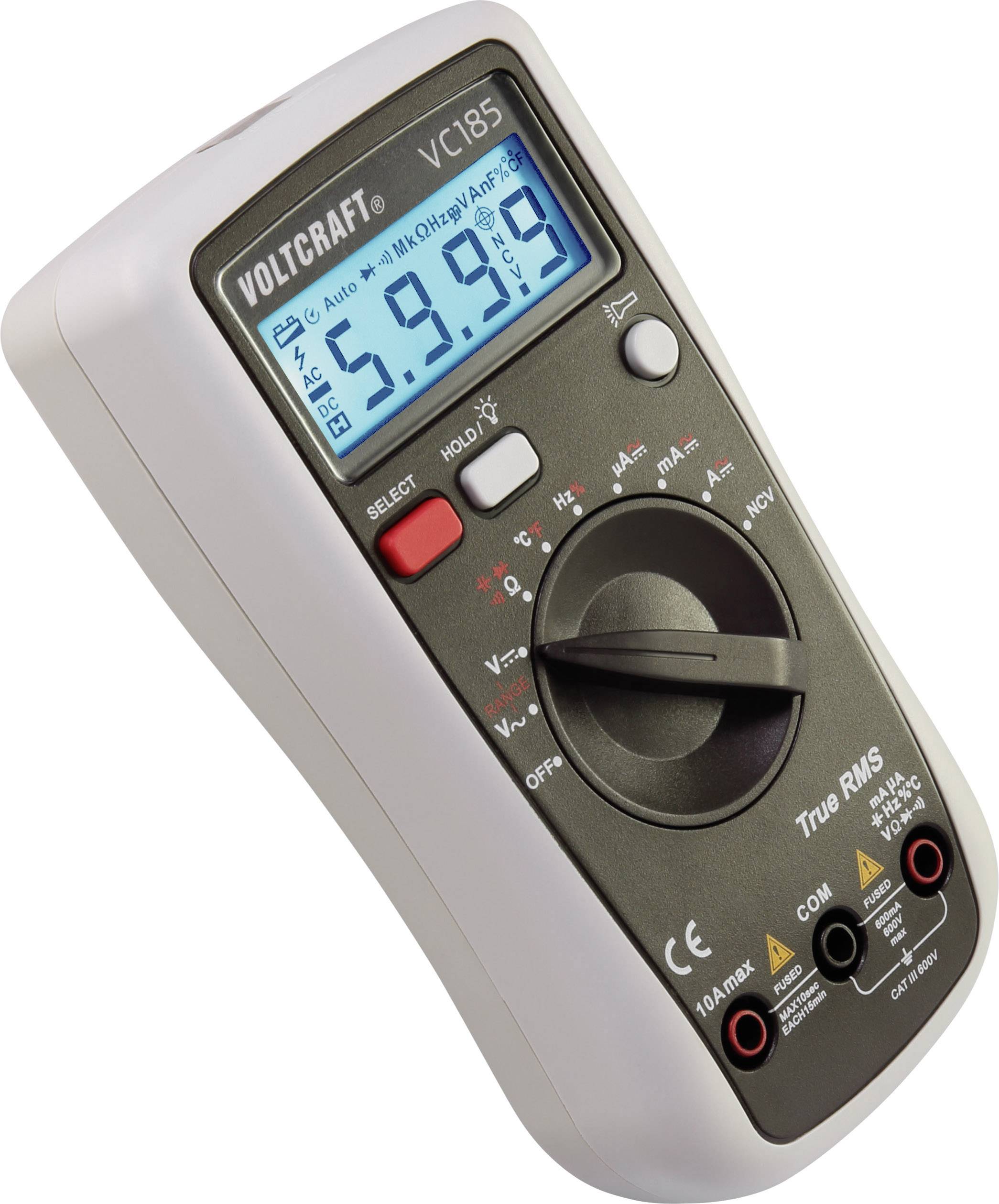 Digitalmultimeter mit beleuchtetem Display zeigt Messwert '6.999'. Markenname oben, verschiedene Tasten und Drehregler sichtbar.