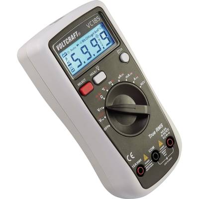 Digitalmultimeter mit beleuchtetem Display zeigt Messwert '6.999'. Markenname oben, verschiedene Tasten und Drehregler sichtbar.