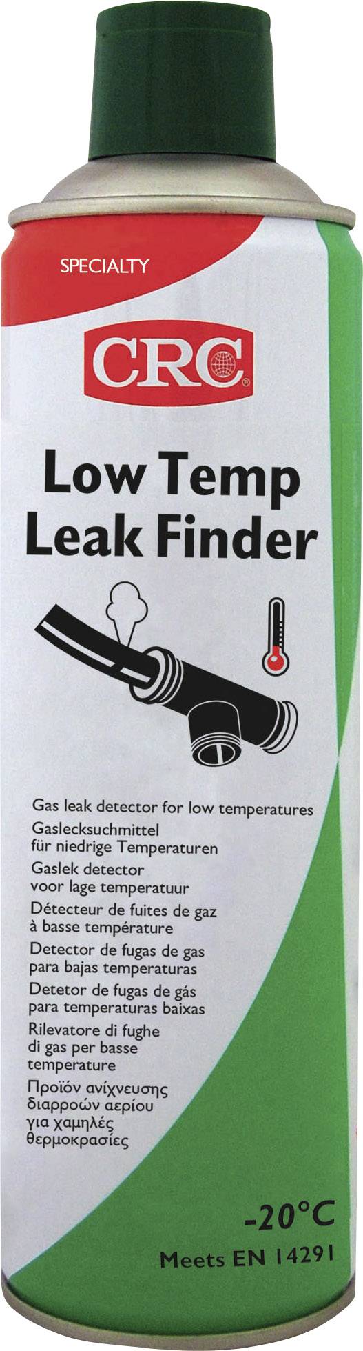 Sprühdose mit der Aufschrift 'CRC Low Temp Leak Finder'. Ein Rohr mit Dampf zeigt die Funktion zur Lecksuche bei niedrigen Temperaturen.