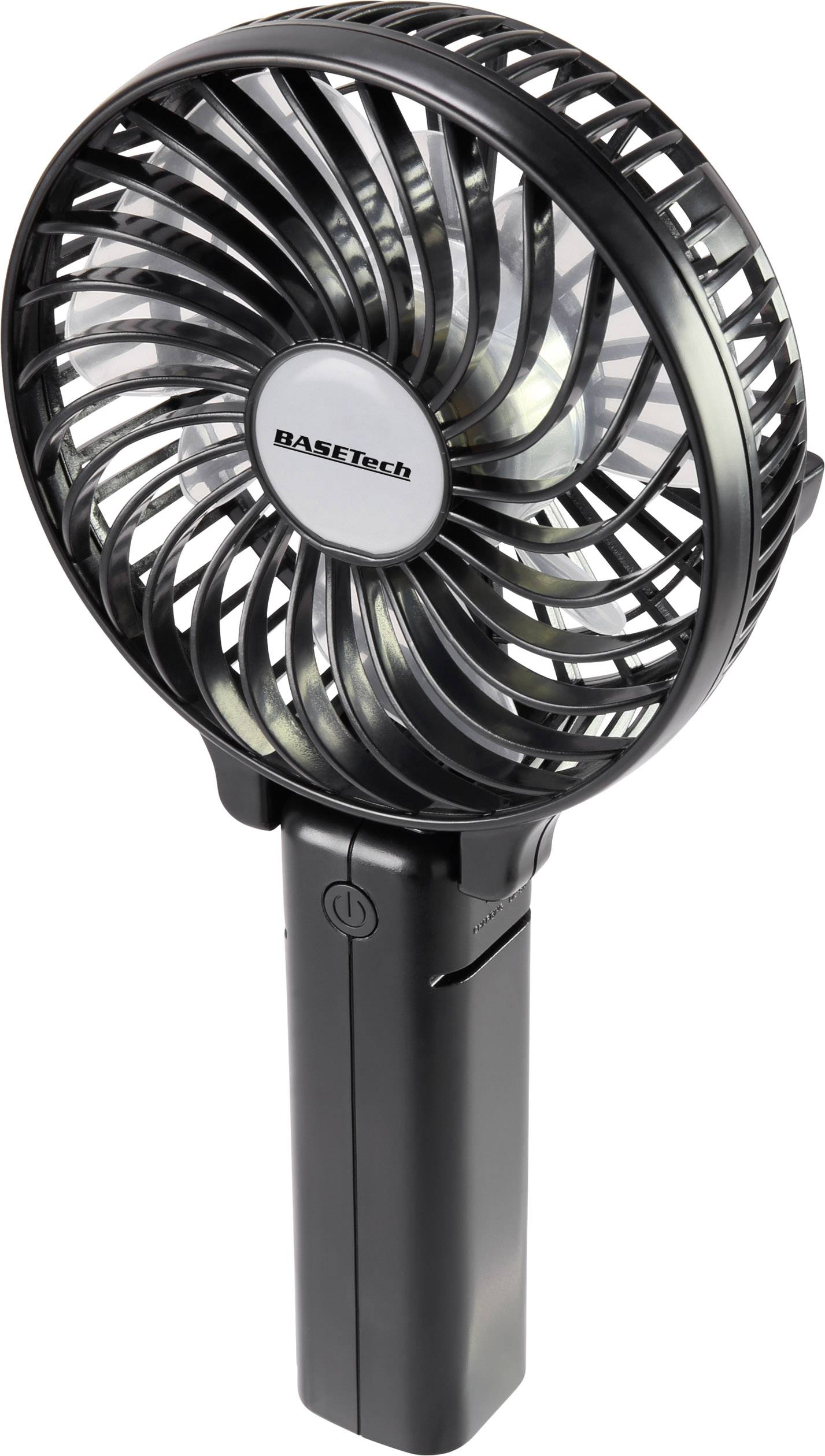 Ein tragbarer, schwarzer Handventilator mit sichtbaren Rotorblättern und einem Schalter am Griff.