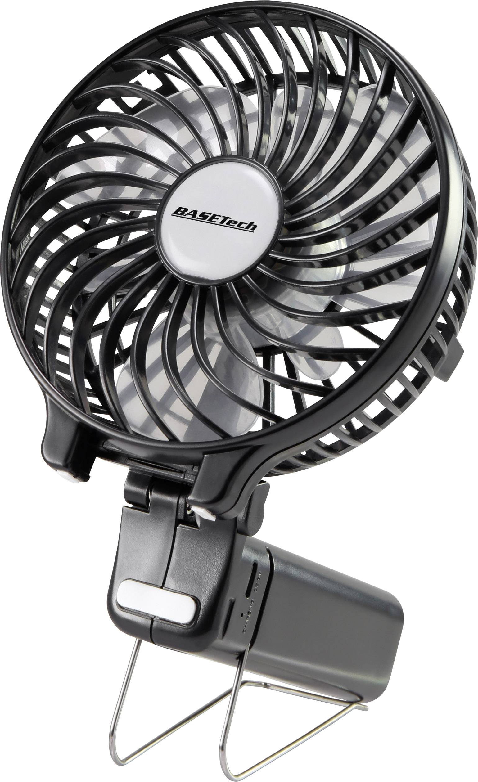 'Ein tragbarer schwarzer Tischventilator mit zwei einstellbaren Geschwindigkeiten und Metallständer.'