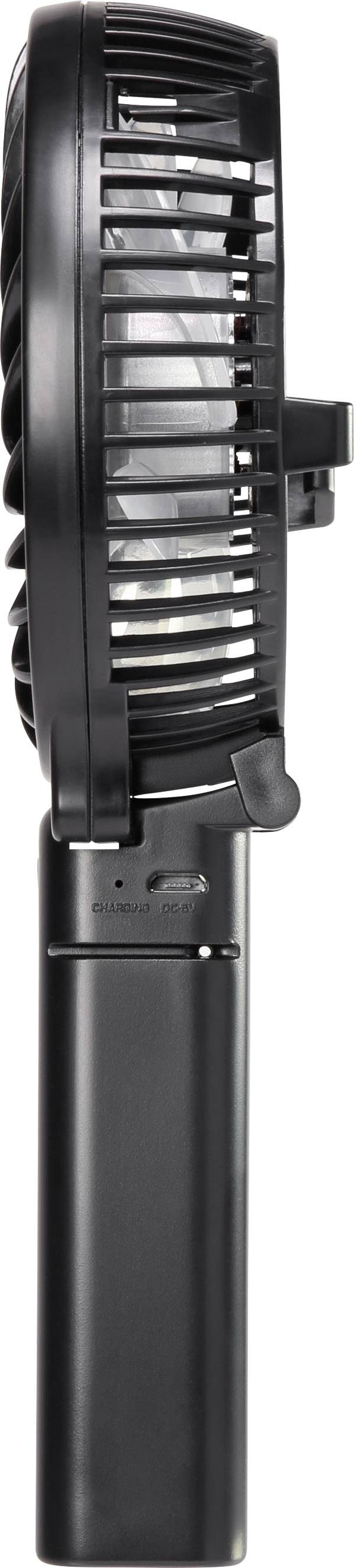 Ein tragbarer, schwarzer Handventilator in seitlicher Ansicht. Der Ventilator hat einen Gitterkäfig um die Rotorblätter.