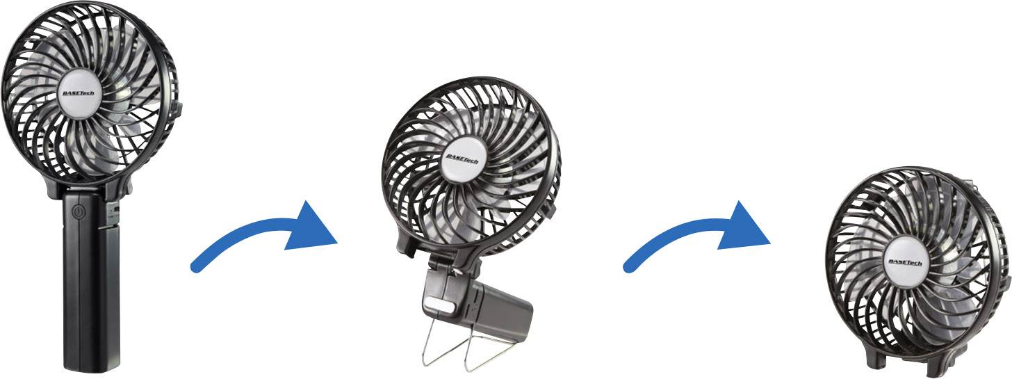 Drei tragbare Ventilatoren in verschiedenen Ausrichtungen, mit blauen Pfeilen zur Darstellung der Faltbarkeit und Tragbarkeit.
