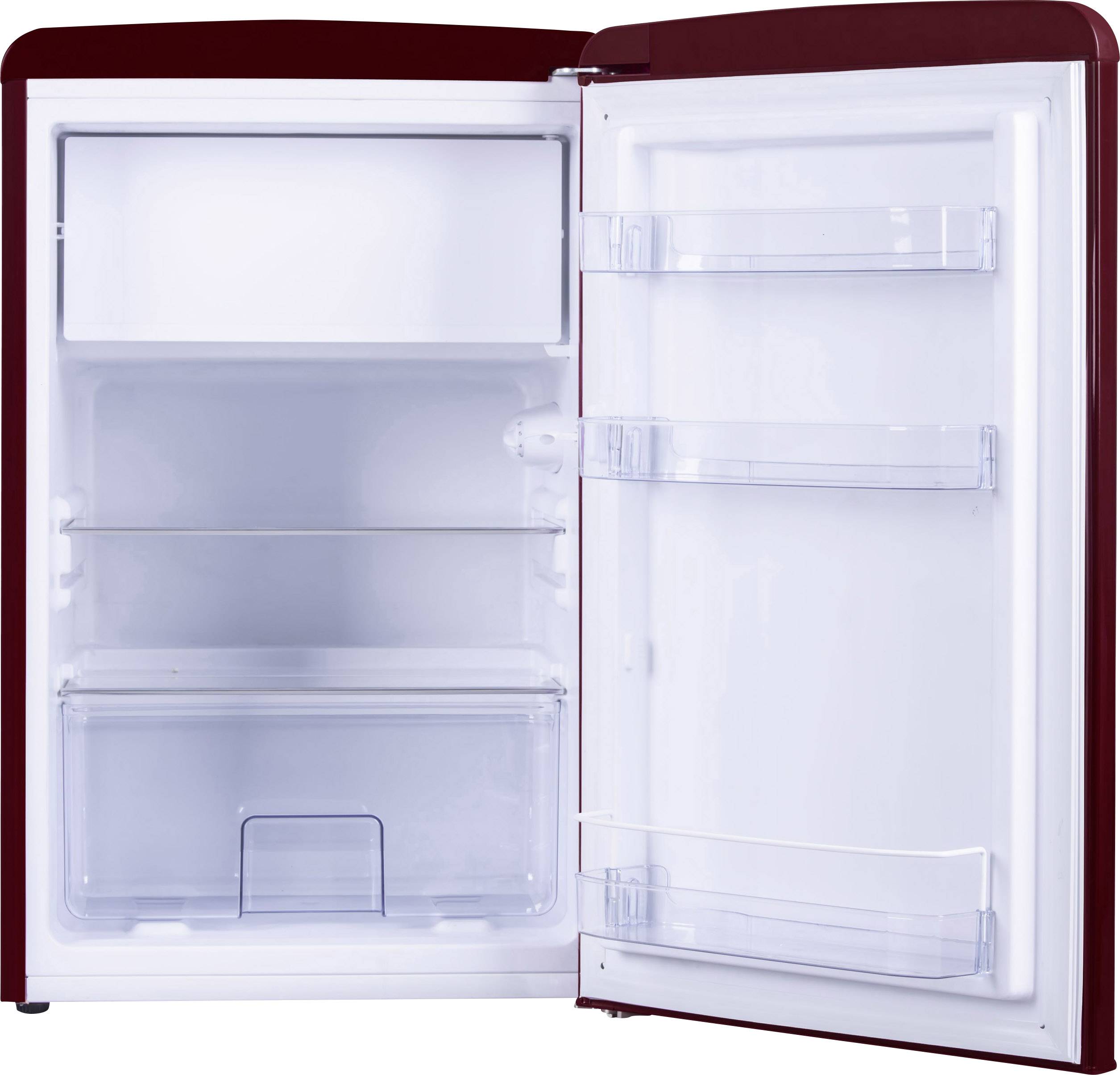 Ein geöffneter, leerer Kühlschrank mit einem roten Gehäuse. Innen sind zwei Regale und ein großes Fach in der Tür zu sehen.