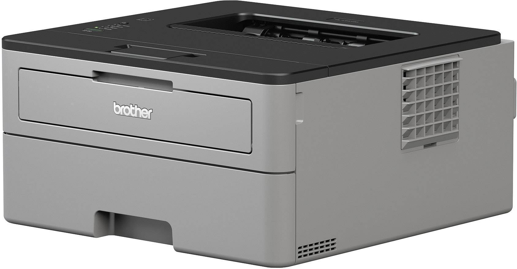 Grauer Laserdrucker mit schwarzem Bedienfeld oben. Vorderseite hat eine Papierausgabe und ein Fach für Papier. Markiert mit 'brother'.