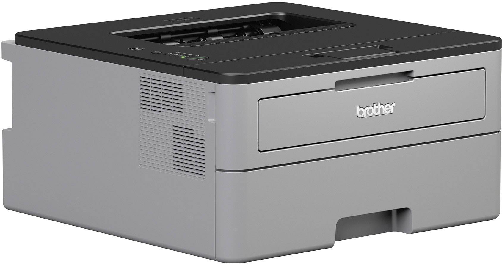Ein grauer Laserdrucker auf einem Tisch. Das Gerät hat ein schwarzes Bedienfeld oben und ist bereit zum Drucken.