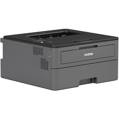 Grauer Laserdrucker von 'brother' mit Papierfach an der Vorderseite und Bedienelementen oben.