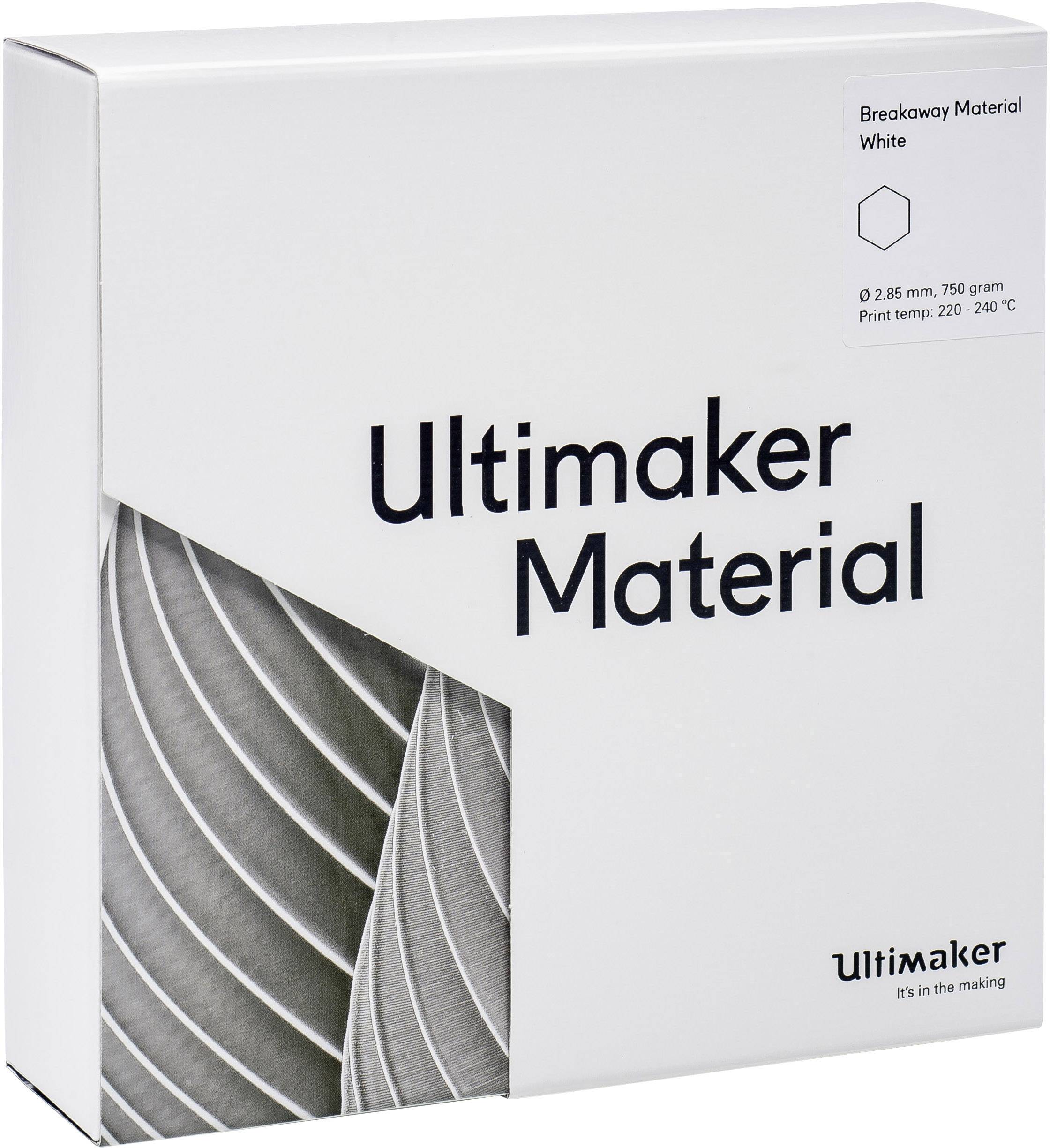 Verpackung von 'Ultimaker Material', zeigt ein weißes Breakaway-Material für 3D-Drucker, 0,25 mm, 750 g, Empfohlene Temperatur: 220-240°C.