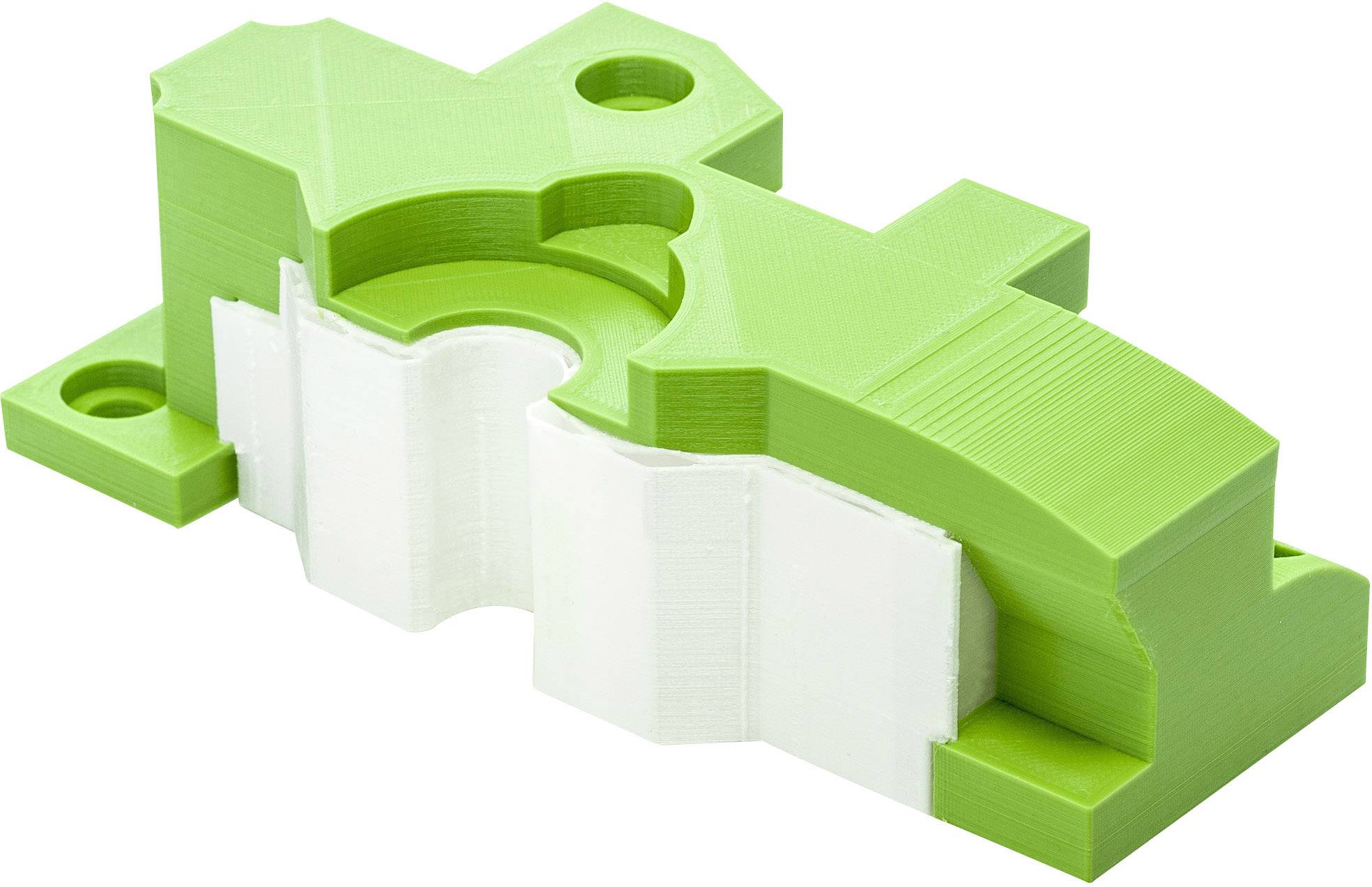 Ein 3D-gedrucktes Kunststoffteil in Grün und Weiß mit einer komplexen Form und mehreren Ebenen, möglicherweise ein mechanisches Bauteil.