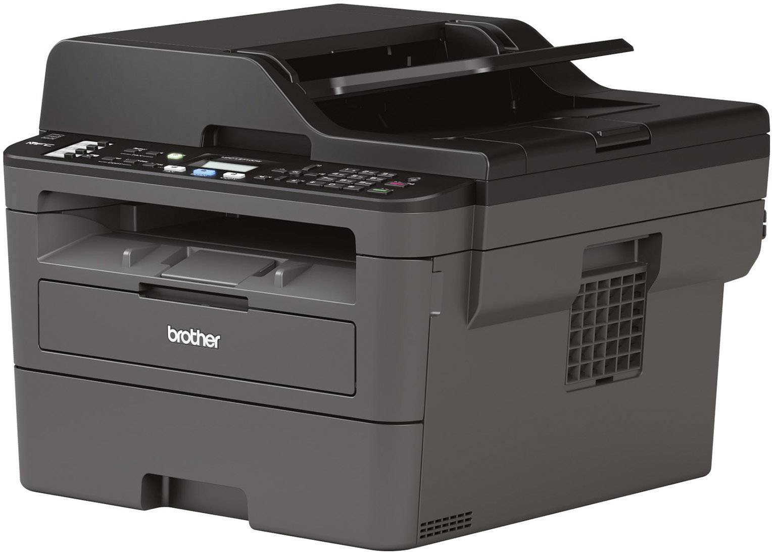 Ein schwarzer Multifunktionsdrucker mit Display und Tastenfeld vorne. Marke 'Brother', geeignet für Büroanwendungen.