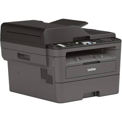 Ein schwarzer Multifunktionsdrucker mit Bedienfeld und Papierfach, geeignet für Drucken, Kopieren und Scannen in einem Büro.