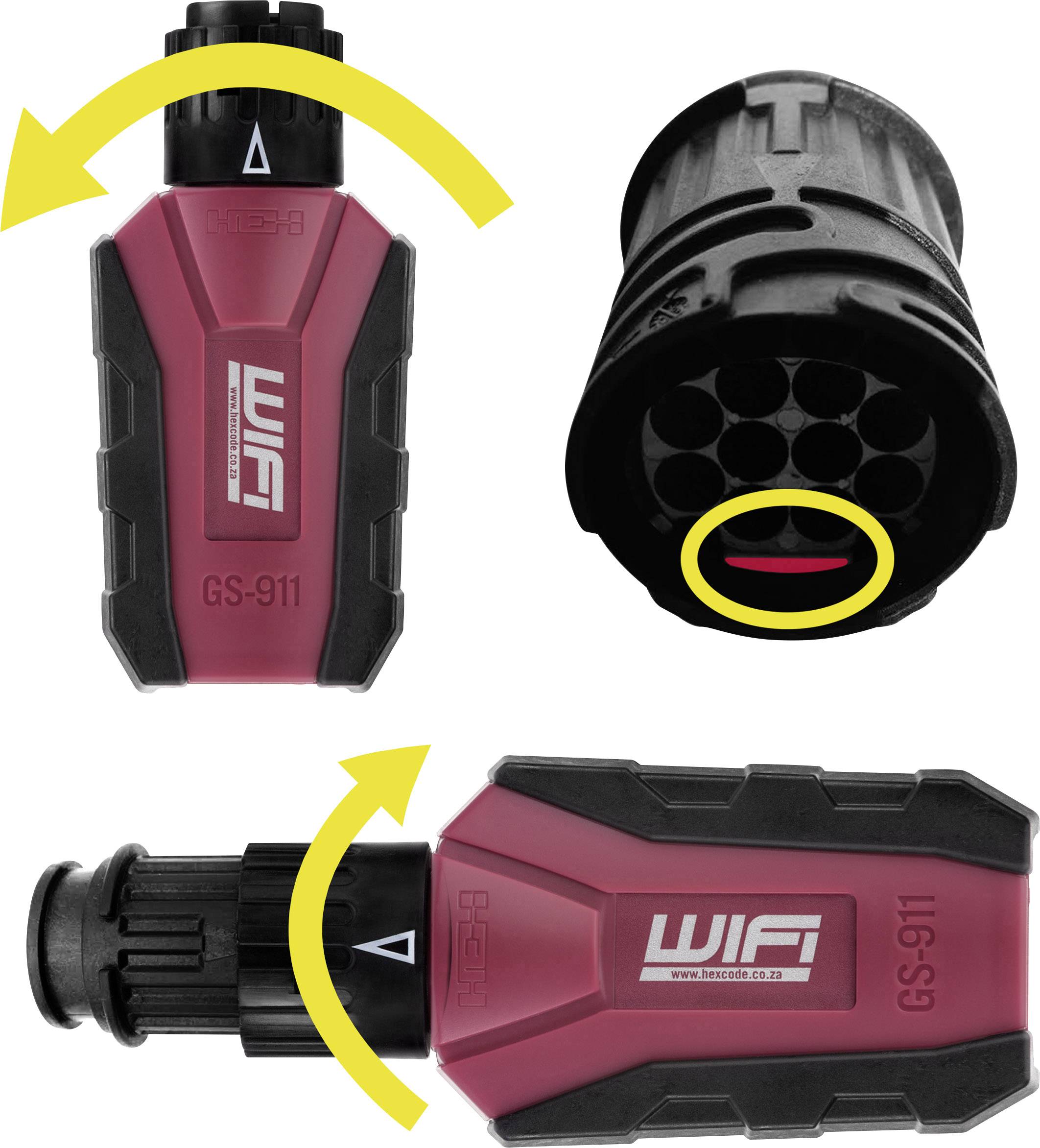 Stecker mit Drehpfeilen, zeigt, wie er mit der Buchse verbunden wird. Hauptfarbe Rot und Schwarz mit der Aufschrift 'WiFi' und 'GS-911'.